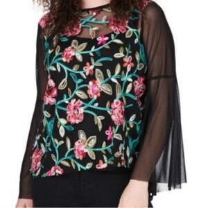 Elvi Black & Pink Flower Embroidered Long Bell Sleeve Mesh Sheer Blouse Plus 14